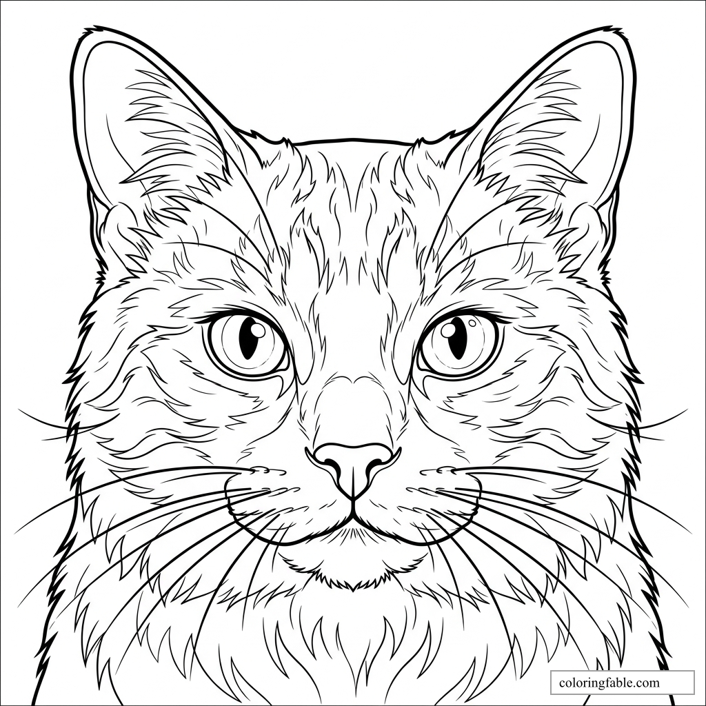 Realistic cat face coloring page with alert eyes, tall ears, striped fur, and long whiskers.