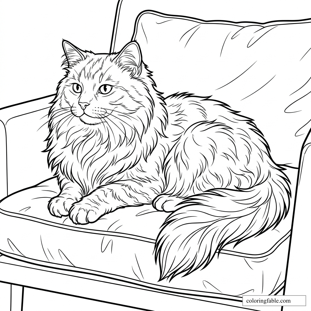 Realistic fluffy cat lying on a cushioned sofa with folded front paws and a sweeping tail.