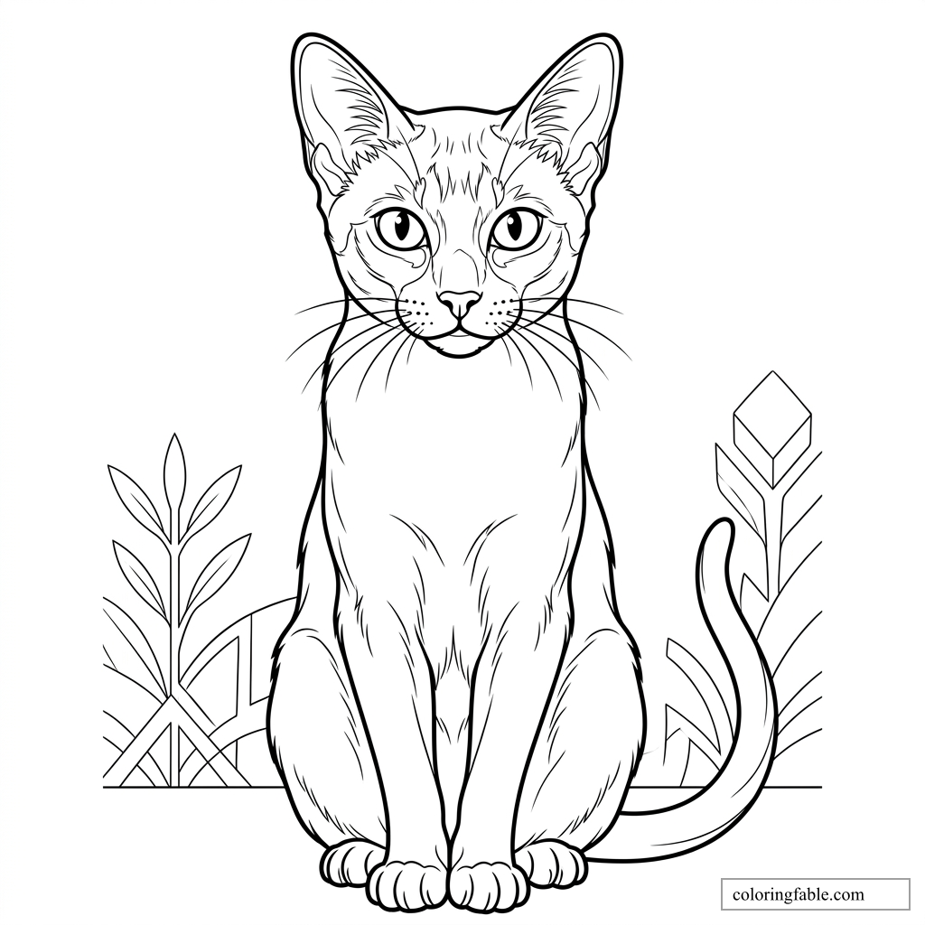 Realistic cat coloring page with large ears, bright eyes, curled tail, and garden leaves.