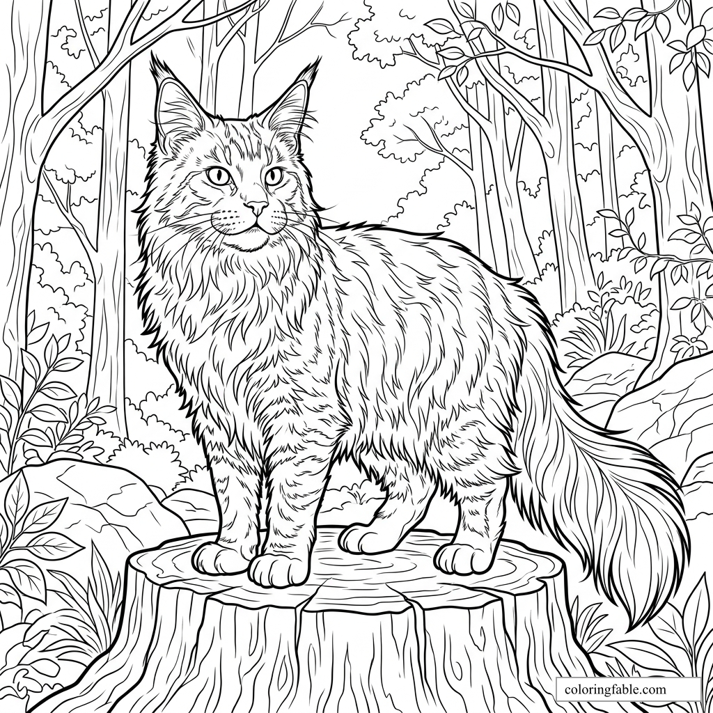 Realistic long-haired cat standing on a tree stump in a leafy forest coloring page