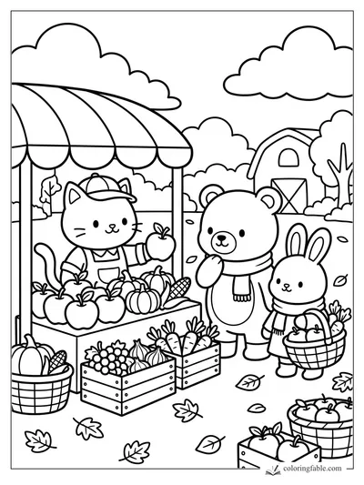 Cozy fall market coloring page with a cat vendor, bear, bunny, apples, carrots, pumpkins, and barn.