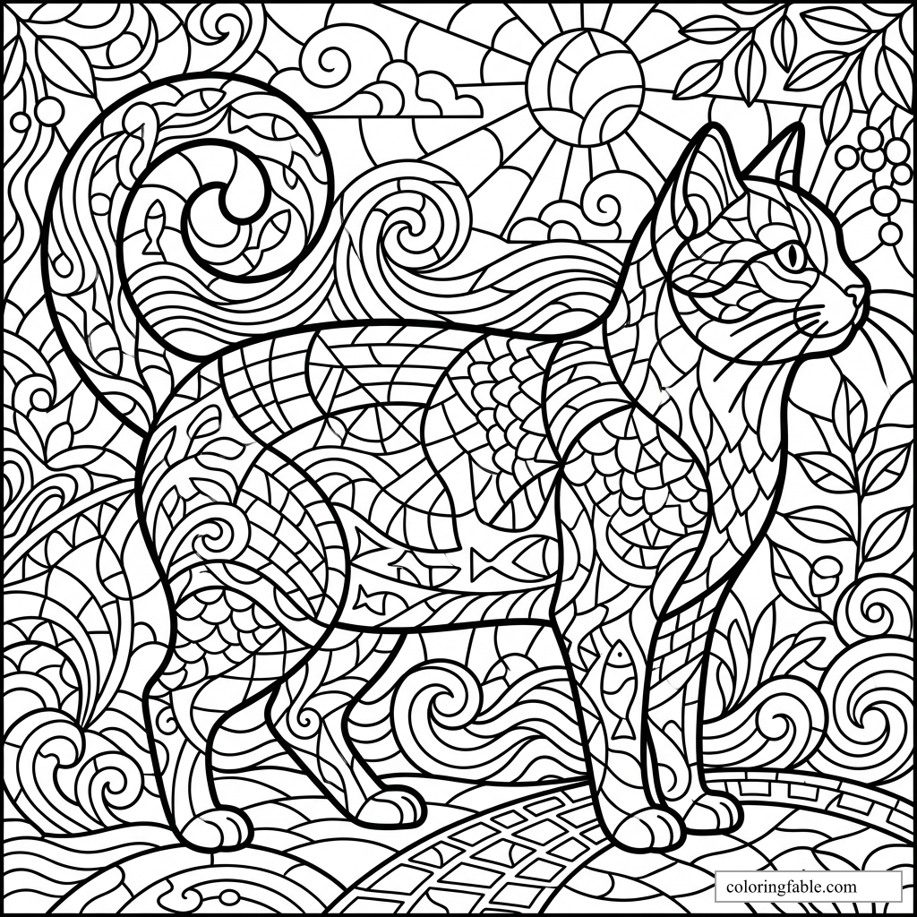 Stained-glass style cat standing among swirling waves, leaves, fish, and a bright sun.