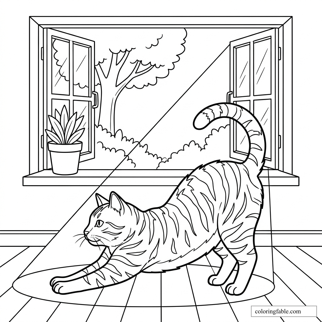Striped cat stretching on a floor in a sunbeam beside an open window, potted plant, and tree outside.