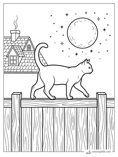 Cat walking on a wooden fence under a full moon, stars, and a roof with a smoking chimney