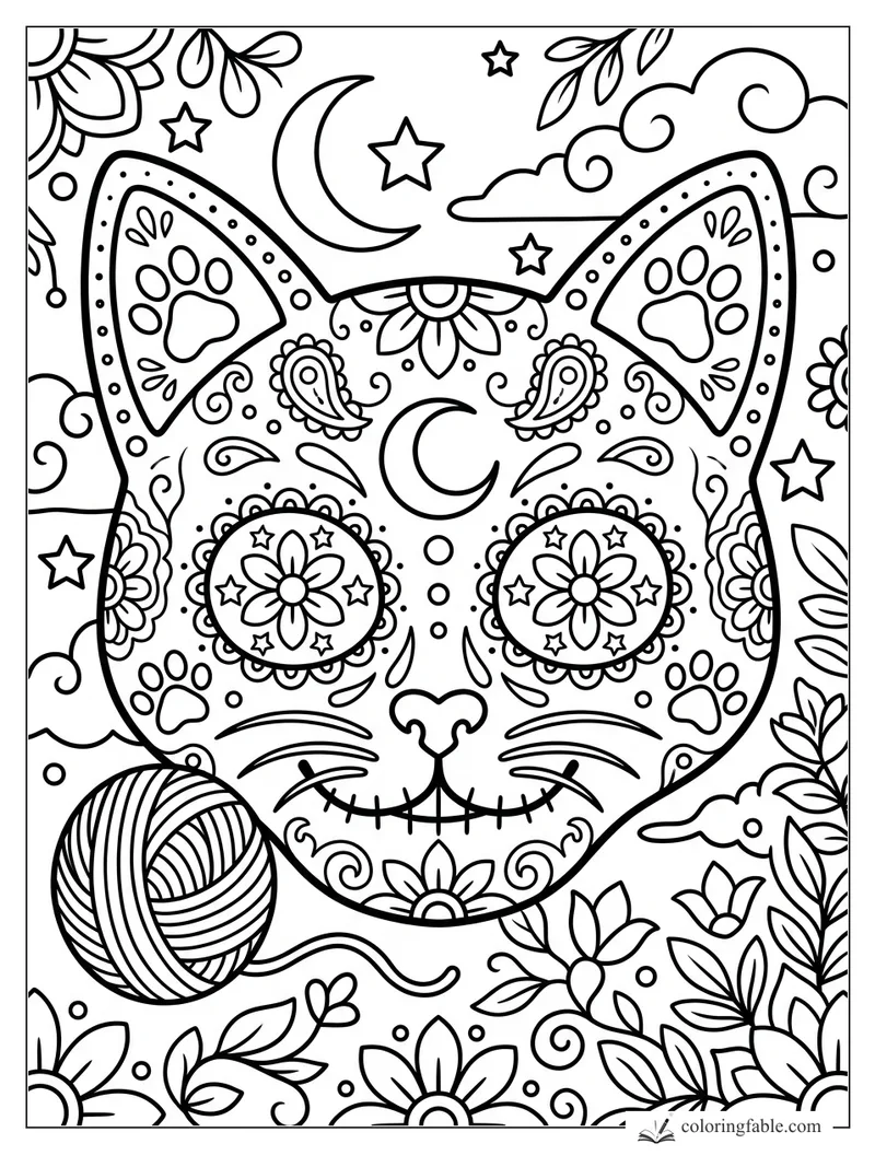 Cat sugar skull with flower eyes, paw-print ears, crescent moons, stars, leaves, clouds, and a yarn ball