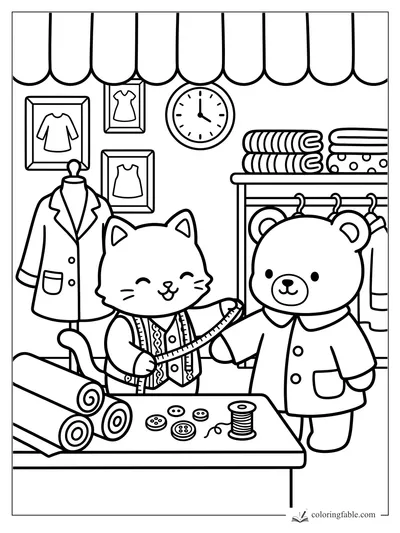 Cat tailor measuring a bear in a cozy fabric shop with bolts, buttons, spool, clock, and striped awning.