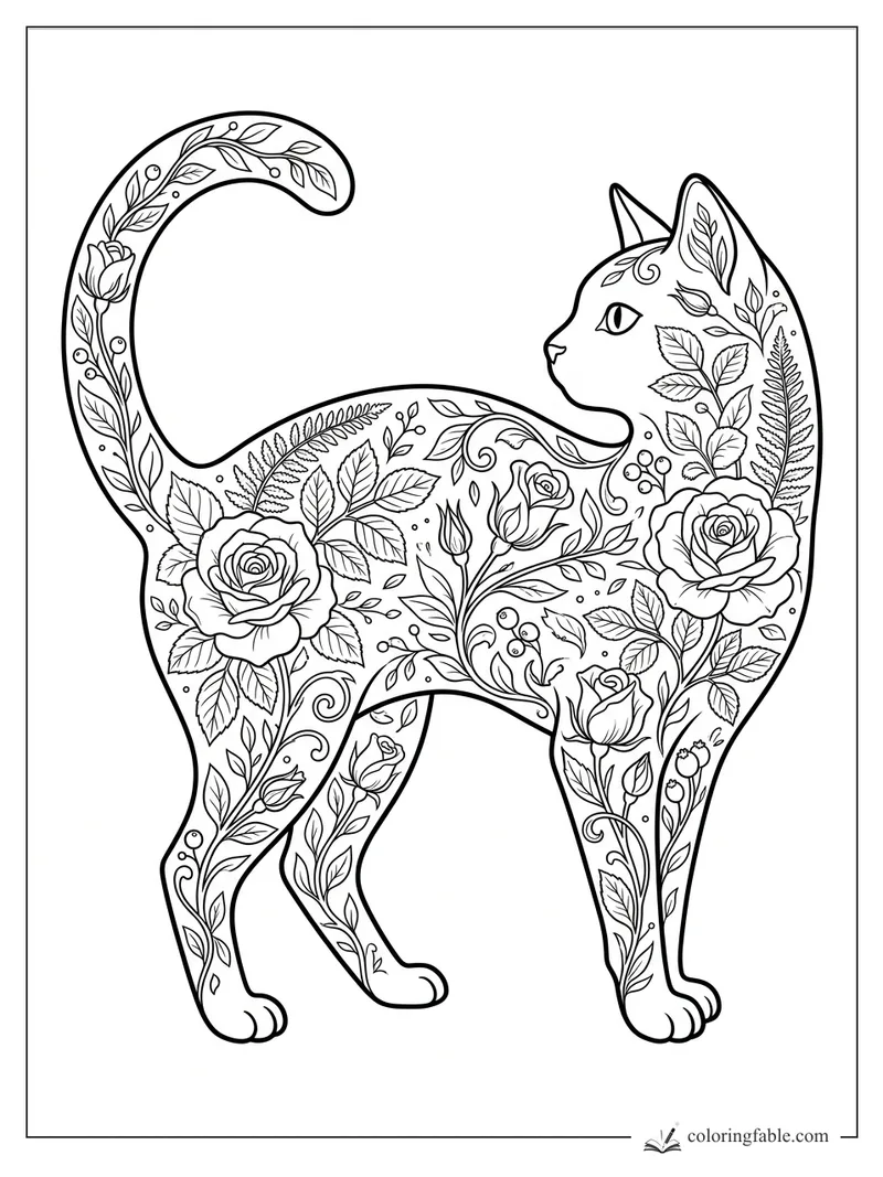 Intricate floral cat coloring page with roses, fern leaves, curling vines, and raised tail