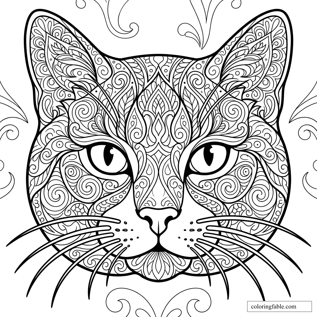 Zentangle cat face coloring page with patterned ears, almond eyes, whiskers, and swirling floral details.