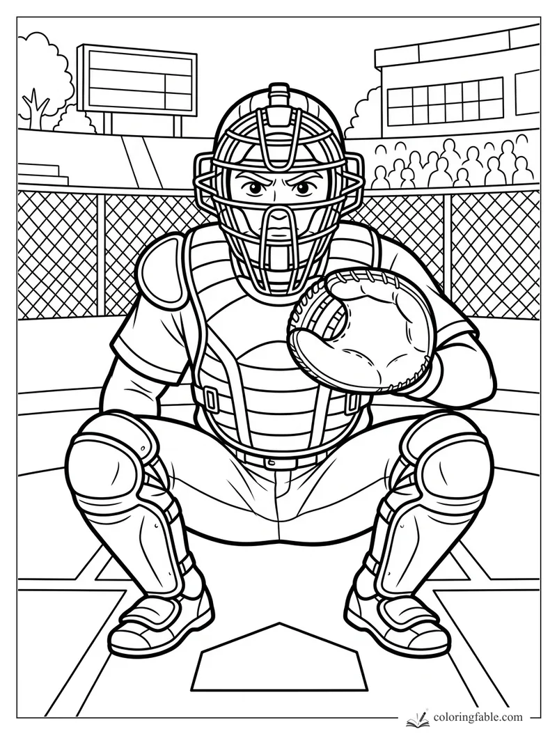 Cartoon baseball catcher crouching at home plate with mask, mitt, scoreboard, fence, and crowd
