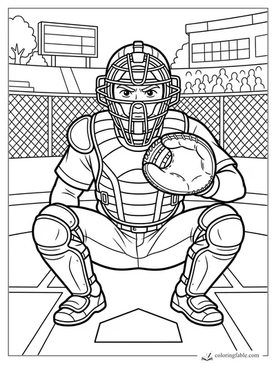 Cartoon baseball catcher crouching at home plate with mask, mitt, scoreboard, fence, and crowd