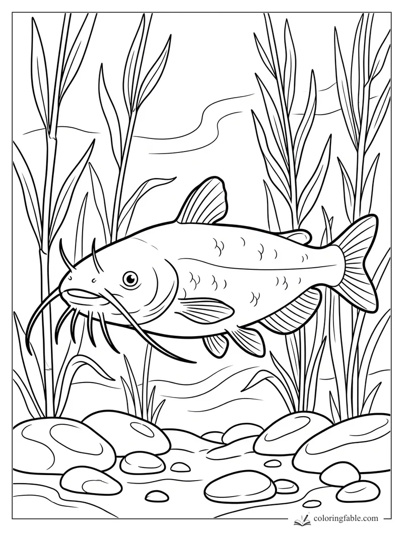 Easy catfish coloring page with whiskers, tall river grass, pebbles, and rounded fins.