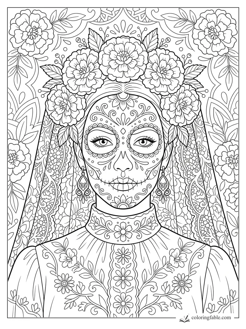 Intricate realistic sugar skull Catrina with marigold crown, lace veil, earrings, and floral dress patterns.