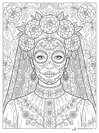 Intricate realistic sugar skull Catrina with marigold crown, lace veil, earrings, and floral dress patterns.