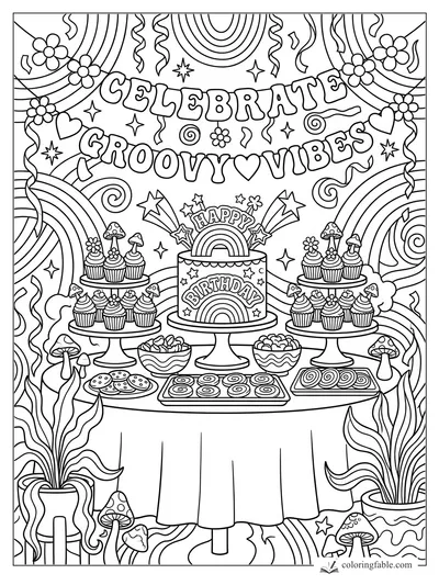 Boho birthday dessert table with groovy banner, rainbow cake, cupcakes, mushrooms, plants, and streamers