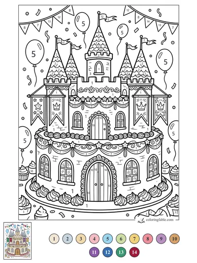 Celebration Castle Cake with Flags and Balloons — color by number