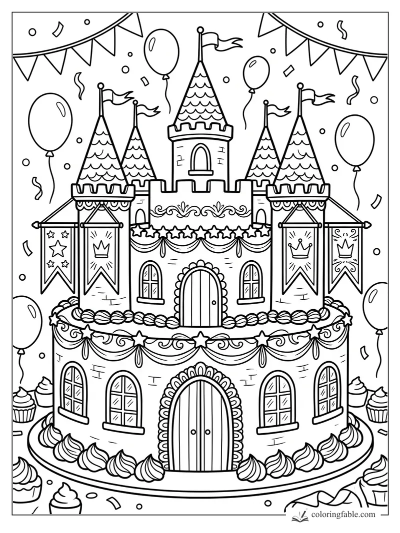 Castle cake coloring page with frosting towers, flags, banners, balloons, confetti, and cupcakes.