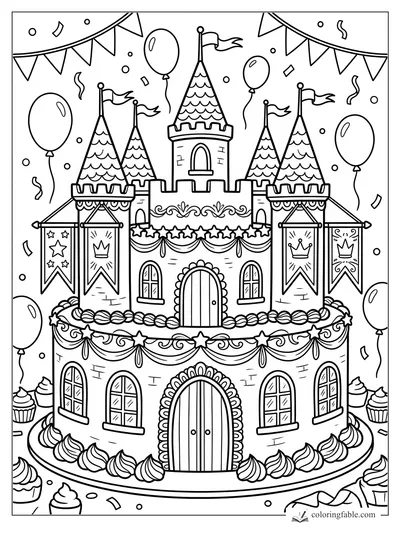 Castle cake coloring page with frosting towers, flags, banners, balloons, confetti, and cupcakes.