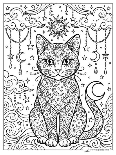 Intricate aesthetic cat with sun, moon, stars, clouds, beads, and swirling celestial patterns
