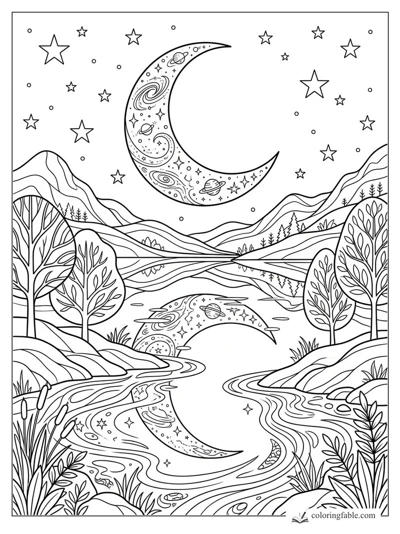 Intricate crescent moon with planets reflected in a winding mountain lake under stars