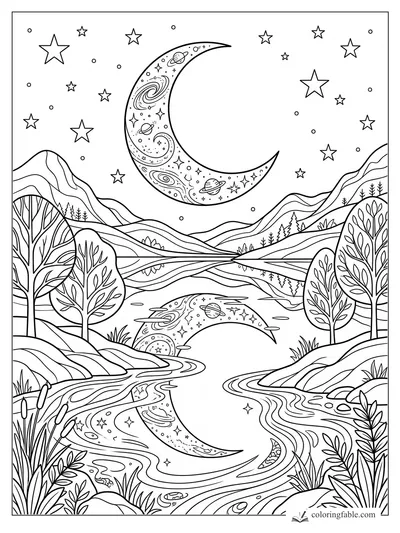 Intricate crescent moon with planets reflected in a winding mountain lake under stars