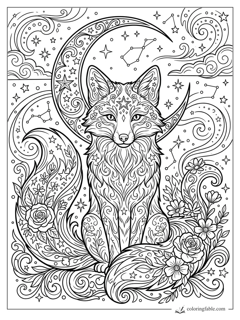 Intricate celestial fox with crescent moon, stars, constellations, flowers, and swirling tail patterns