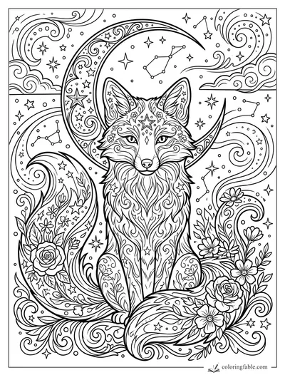 Intricate celestial fox with crescent moon, stars, constellations, flowers, and swirling tail patterns