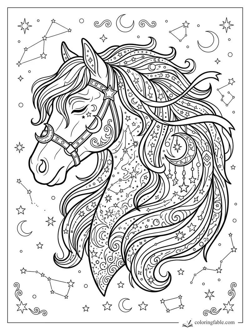 Intricate celestial horse coloring page with flowing starry mane, crescent charms, moons, and constellations