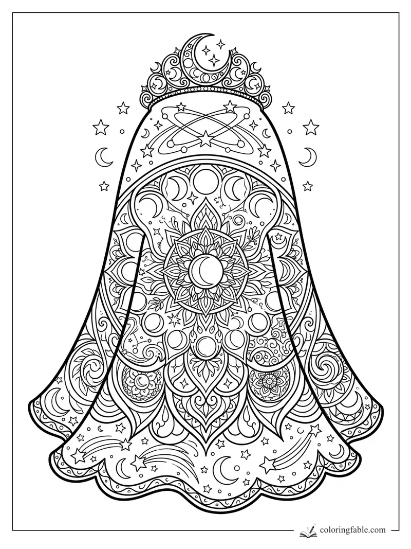 Intricate mandala princess with moon crown, starry veil, orbital motifs, and floral patterns