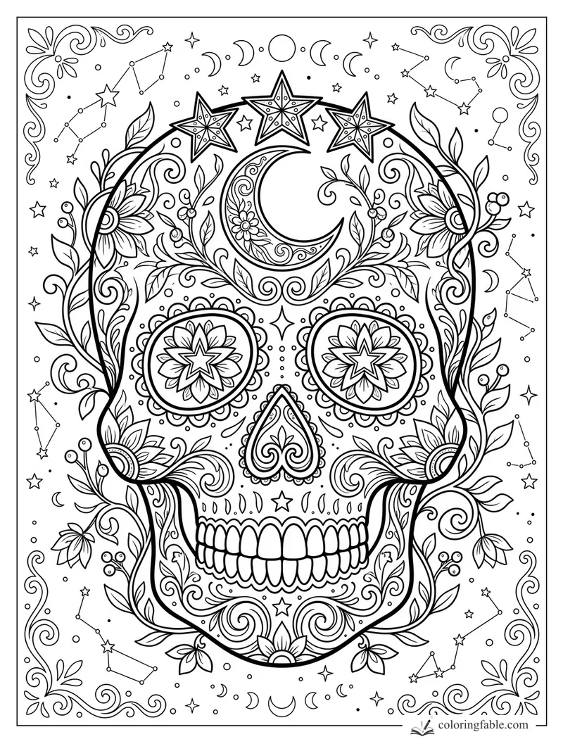 Intricate sugar skull with crescent moon, star eyes, flowers, vines, constellations, and ornate corner scrolls.
