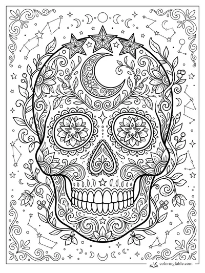 Intricate sugar skull with crescent moon, star eyes, flowers, vines, constellations, and ornate corner scrolls.
