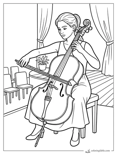 Cellist bows a cello on stage with curtains, empty chairs, and a small potted plant nearby.