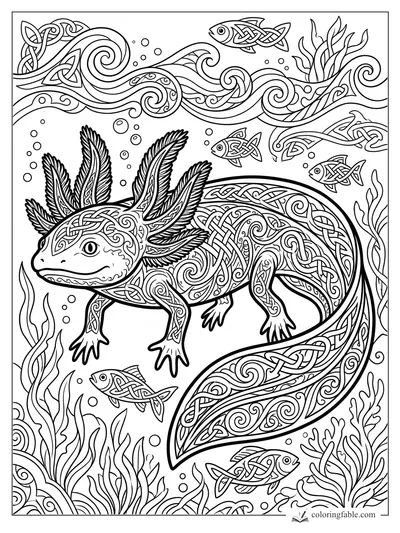 Intricate Celtic axolotl with knotwork gills, swirling tail, fish, bubbles, waves, and seaweed.