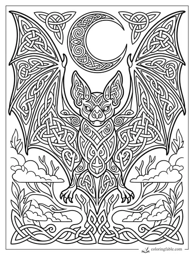 Intricate Celtic bat with spread patterned wings, crescent moon, clouds, leaves, and knot borders.