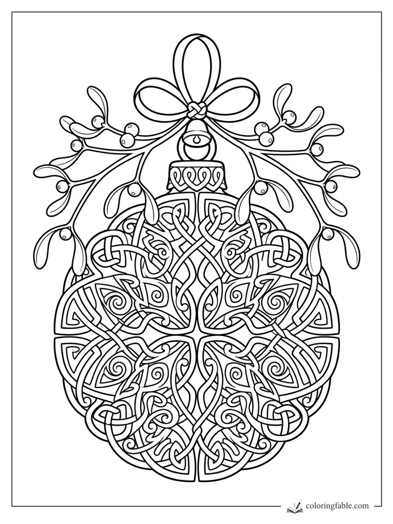 Intricate Celtic ornament coloring page with knotwork bauble, bow, bell, and mistletoe sprigs.
