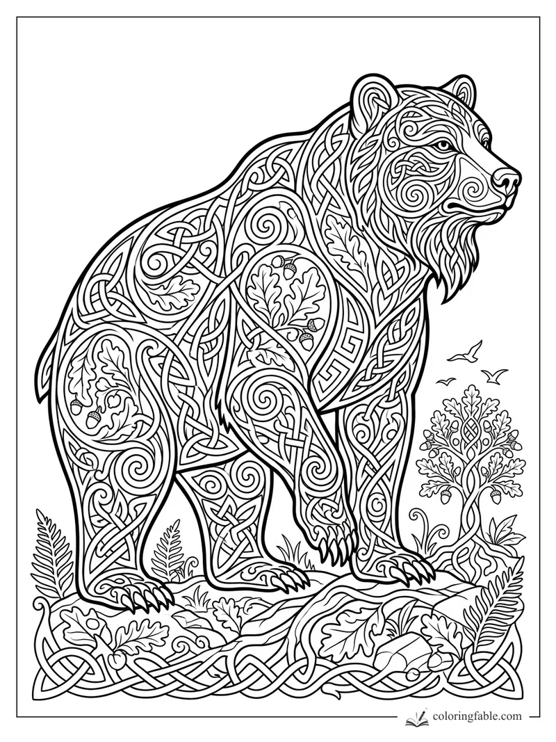 Intricate Celtic bear with knotwork, oak leaves, acorns, ferns, birds, and a small tree.