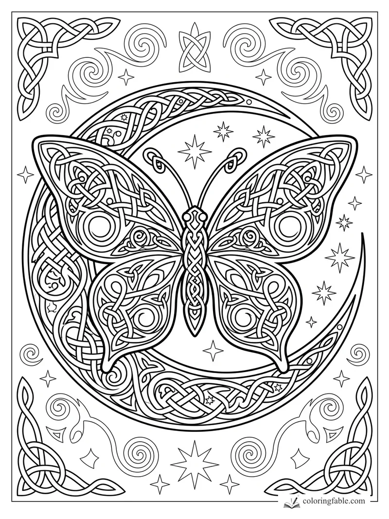 Intricate Celtic butterfly with knotwork wings, crescent circle, stars, spirals, and corner knots.