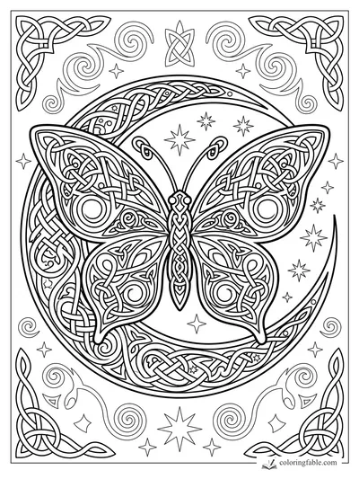 Intricate Celtic butterfly with knotwork wings, crescent circle, stars, spirals, and corner knots.