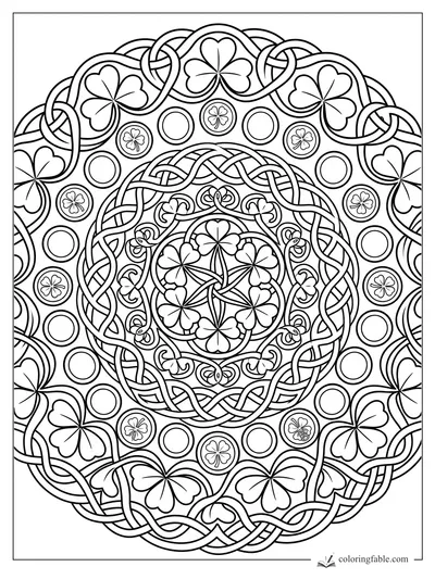 Intricate Celtic mandala coloring page with clovers, braided knots, circles, and shamrock rings