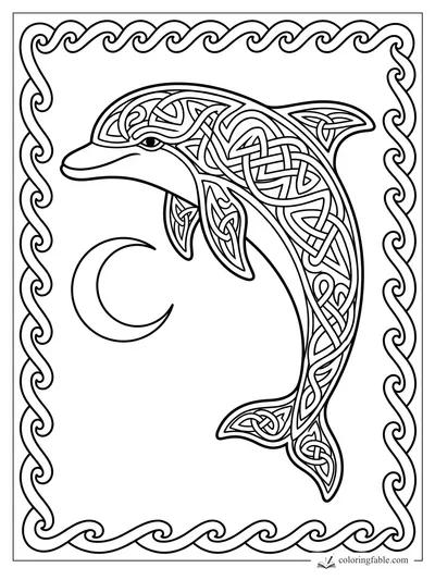 Intricate Celtic dolphin coloring page with knotwork body, crescent moon, and curling wave border.