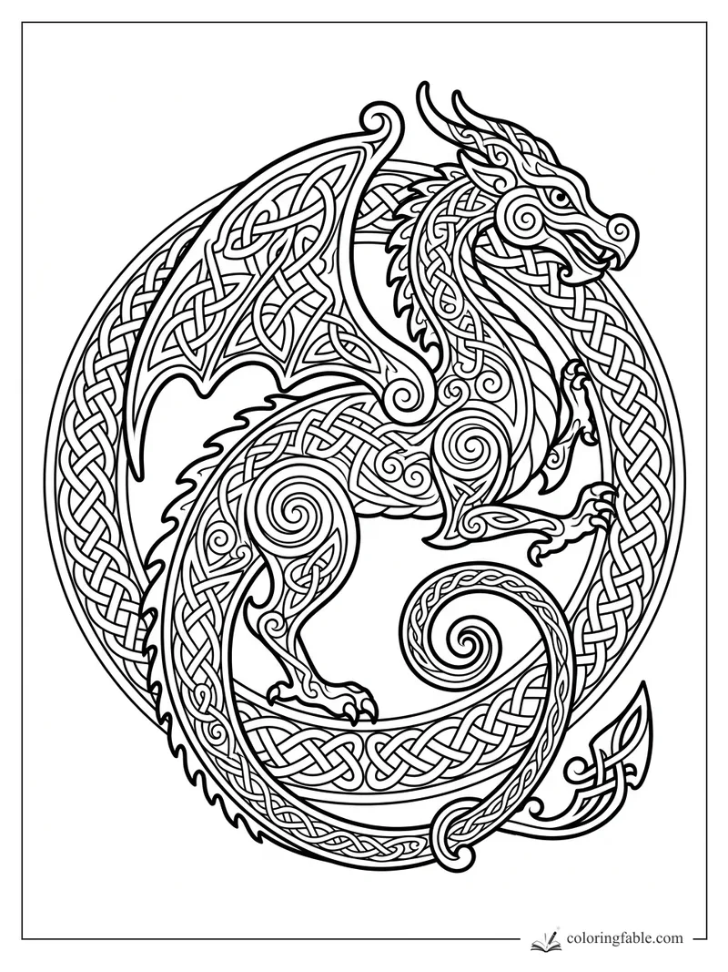 Intricate Celtic dragon coiled inside a circular knotwork border with spiral tail and patterned wings