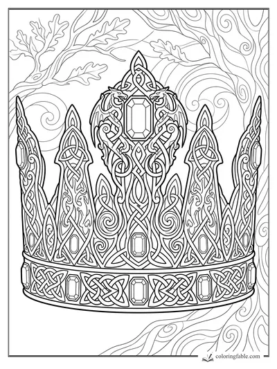 Intricate Celtic crown with twin dragons, knotwork jewels, oak leaves, and swirling tree patterns