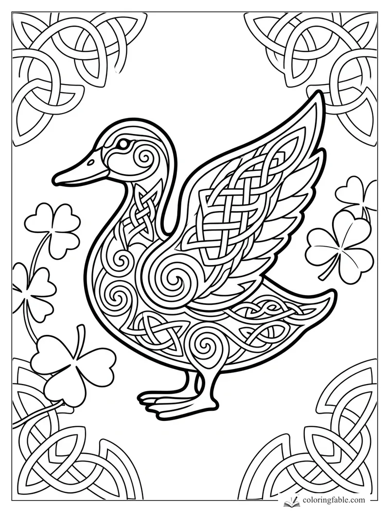 Celtic-style duck with knotwork feathers, spiral details, shamrocks, and corner trinity knots