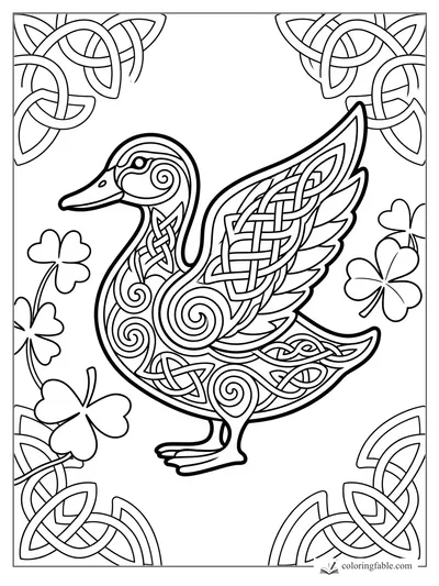 Celtic-style duck with knotwork feathers, spiral details, shamrocks, and corner trinity knots