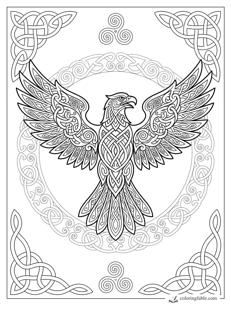 Intricate Celtic eagle with spread patterned wings, knotwork border, and triskele spirals
