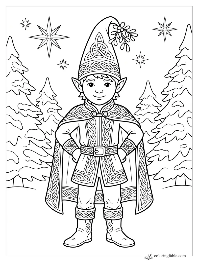 Celtic elf in a knotwork cloak and tall hat, standing hands-on-hips among snowy pines and stars