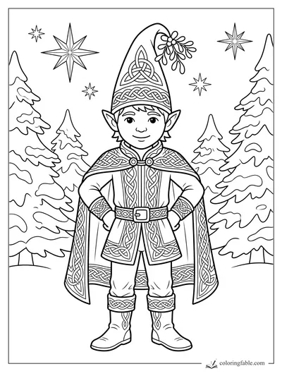 Celtic elf in a knotwork cloak and tall hat, standing hands-on-hips among snowy pines and stars