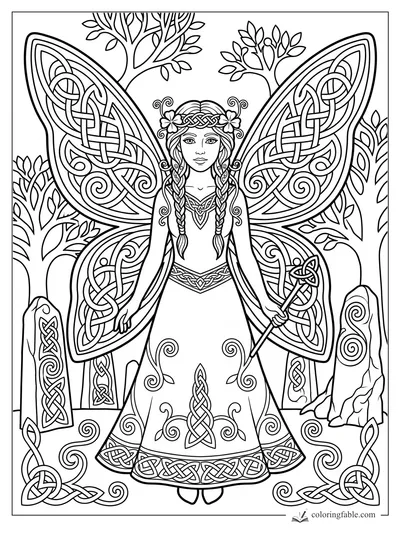 Celtic fairy with braided hair, knotwork wings, wand, standing stones, and leafy trees
