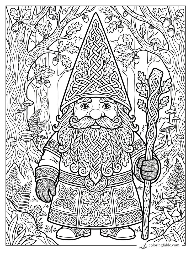 Intricate Celtic gnome with knotwork hat, braided beard, oak leaves, acorns, mushrooms, and staff in a forest