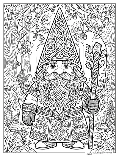 Intricate Celtic gnome with knotwork hat, braided beard, oak leaves, acorns, mushrooms, and staff in a forest