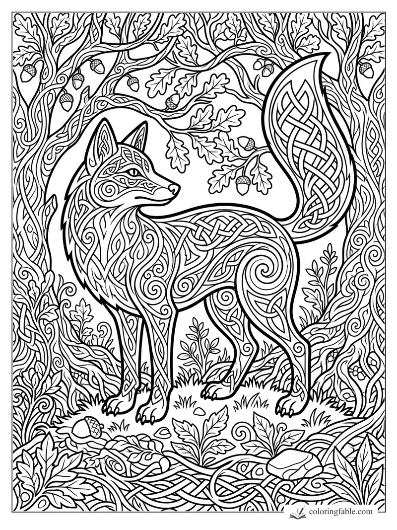 Intricate Celtic fox with braided tail, oak leaves, acorns, vines, and forest floor patterns